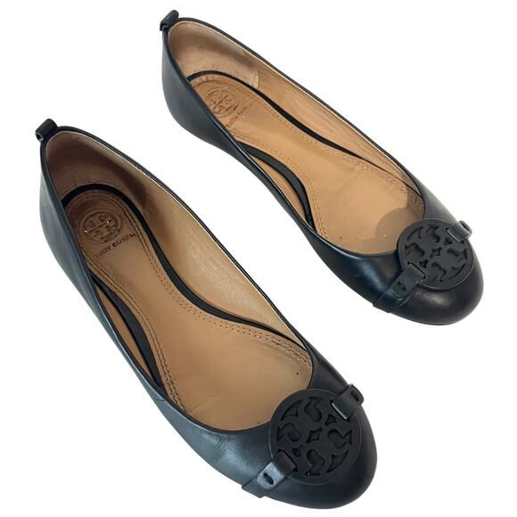 TORY BURCH Black Gabriel Leather Round Toe Ballet Flat Shoes Size 8 - Picture 1 of 10